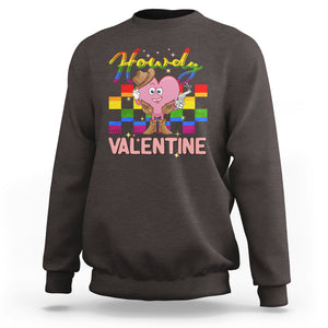 LGBT Valentine Sweatshirt Howdy Valentine Funny Retro Western Cowboy Heart Pride Flag TS02 Dark Chocolate Printyourwear