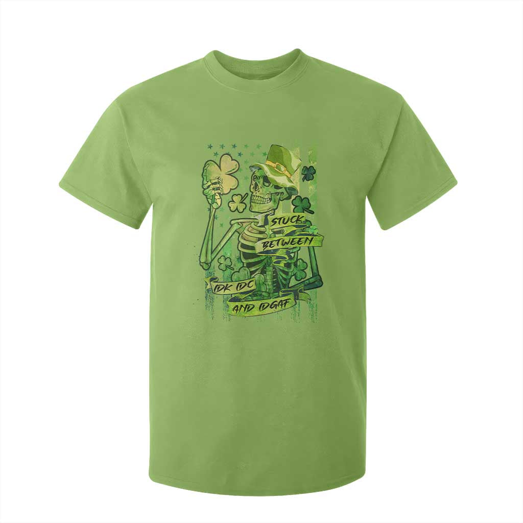Irish Skeleton T Shirt For Kid Stuck Between IDK IDC And IDGAF St Patrick's Day Green Flag Skull TS02 Lime Print Your Wear