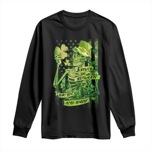 Irish Skeleton Long Sleeve Shirt Stuck Between IDK IDC And IDGAF St Patrick's Day Green Flag Skull TS02 Black Print Your Wear