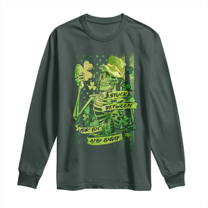 Irish Skeleton Long Sleeve Shirt Stuck Between IDK IDC And IDGAF St Patrick's Day Green Flag Skull TS02 Dark Forest Green Print Your Wear