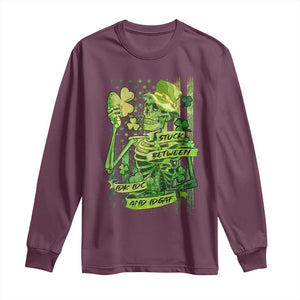 Irish Skeleton Long Sleeve Shirt Stuck Between IDK IDC And IDGAF St Patrick's Day Green Flag Skull TS02 Maroon Print Your Wear