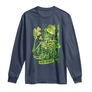 Irish Skeleton Long Sleeve Shirt Stuck Between IDK IDC And IDGAF St Patrick's Day Green Flag Skull TS02 Navy Print Your Wear