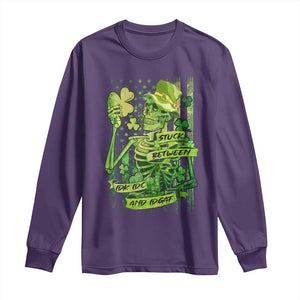 Irish Skeleton Long Sleeve Shirt Stuck Between IDK IDC And IDGAF St Patrick's Day Green Flag Skull TS02 Purple Print Your Wear