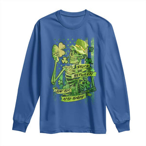 Irish Skeleton Long Sleeve Shirt Stuck Between IDK IDC And IDGAF St Patrick's Day Green Flag Skull TS02 Royal Blue Print Your Wear