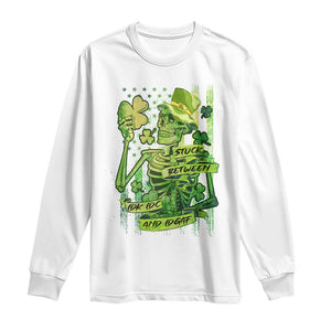 Irish Skeleton Long Sleeve Shirt Stuck Between IDK IDC And IDGAF St Patrick's Day Green Flag Skull TS02 White Print Your Wear