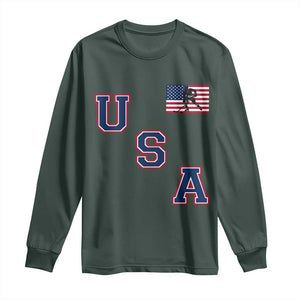 USA Flag Hockey Long Sleeve Shirt Patriotic Ice Hockey Team Fan Vintage Throwback TS02 Dark Forest Green Print Your Wear