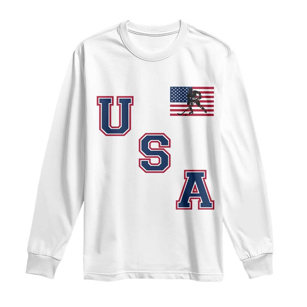 USA Flag Hockey Long Sleeve Shirt - Patriotic Ice Hockey Team Fan Vintage Throwback TS02 White Print Your Wear