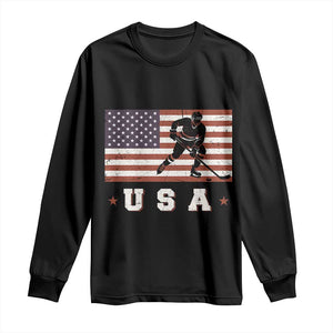 USA Flag Hockey Long Sleeve Shirt Patriotic Ice Hockey Player Retro Vintage TS02 Black Print Your Wear