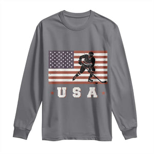 USA Flag Hockey Long Sleeve Shirt Patriotic Ice Hockey Player Retro Vintage TS02 Charcoal Print Your Wear