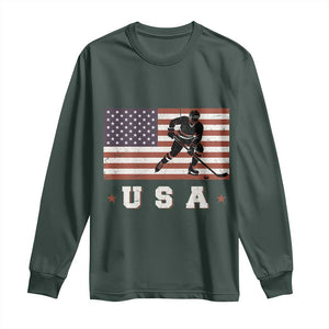 USA Flag Hockey Long Sleeve Shirt Patriotic Ice Hockey Player Retro Vintage TS02 Dark Forest Green Print Your Wear