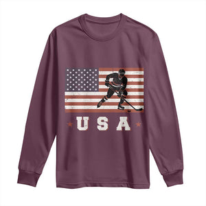 USA Flag Hockey Long Sleeve Shirt Patriotic Ice Hockey Player Retro Vintage TS02 Maroon Print Your Wear