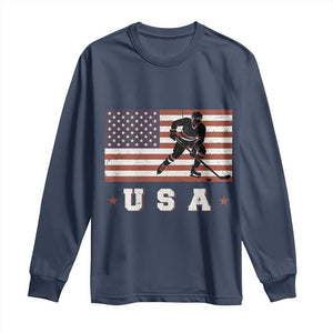 USA Flag Hockey Long Sleeve Shirt Patriotic Ice Hockey Player Retro Vintage TS02 Navy Print Your Wear