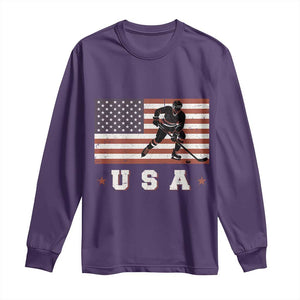 USA Flag Hockey Long Sleeve Shirt Patriotic Ice Hockey Player Retro Vintage TS02 Purple Print Your Wear