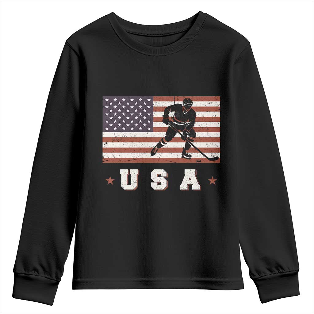 USA Flag Hockey Youth Sweatshirt Patriotic Ice Hockey Player Retro Vintage TS02 Black Print Your Wear