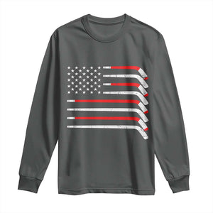 USA Flag Hockey Long Sleeve Shirt Patriotic Hockey Stick American Flags TS02 Dark Heather Print Your Wear