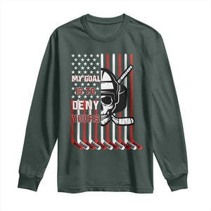 USA Flag Hockey Long Sleeve Shirt Skull Player My Goal Is To Deny Yours TS02 Dark Forest Green Print Your Wear