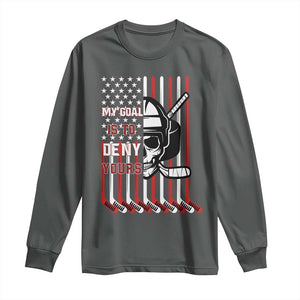 USA Flag Hockey Long Sleeve Shirt Skull Player My Goal Is To Deny Yours TS02 Dark Heather Print Your Wear