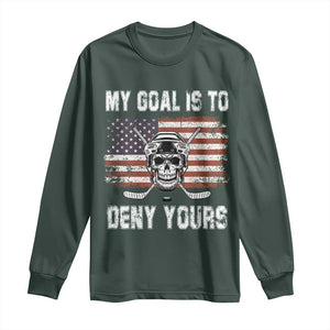 USA Flag Hockey Skull Long Sleeve Shirt My Goal Is To Deny Yours TS02 Dark Forest Green Print Your Wear