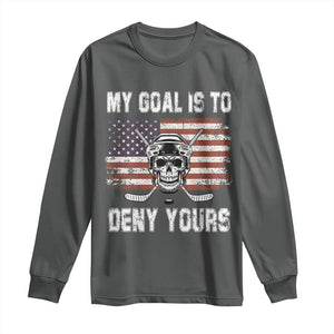 USA Flag Hockey Skull Long Sleeve Shirt My Goal Is To Deny Yours TS02 Dark Heather Print Your Wear