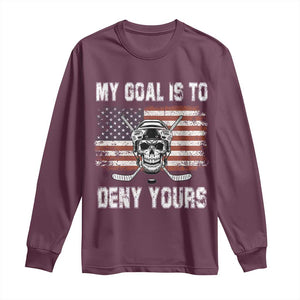 USA Flag Hockey Skull Long Sleeve Shirt My Goal Is To Deny Yours TS02 Maroon Print Your Wear