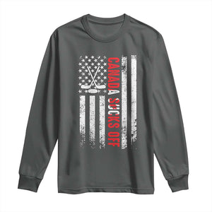 USA Flag Hockey Long Sleeve Shirt Funny Canada Sucks US EH American Flag TS02 Dark Heather Print Your Wear