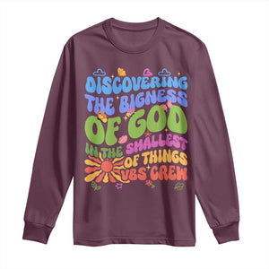 VBS 2025 Long Sleeve Shirt Discovering The Bigness Of God In The Smallest Of Things Retro Groovy TS02 Maroon Print Your Wear