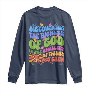 VBS 2025 Long Sleeve Shirt Discovering The Bigness Of God In The Smallest Of Things Retro Groovy TS02 Navy Print Your Wear