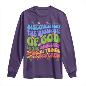 VBS 2025 Long Sleeve Shirt Discovering The Bigness Of God In The Smallest Of Things Retro Groovy TS02 Purple Print Your Wear