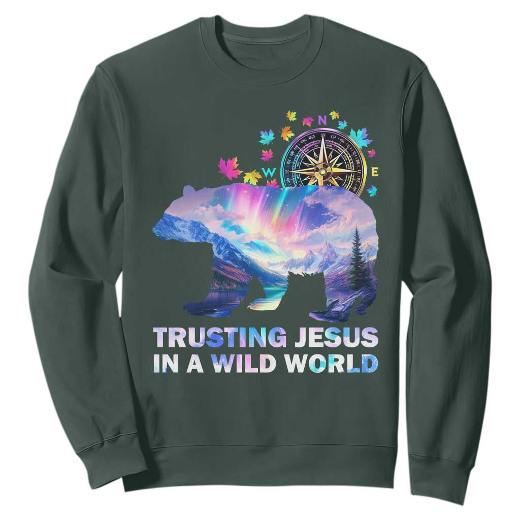 VBS 2025 Adventure Bear Sweatshirt Trusting Jesus In A Wild World Northen Lights TS02 Dark Forest Green Print Your Wear