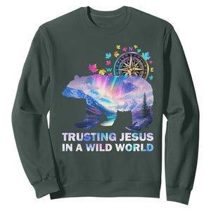VBS 2025 Adventure Bear Sweatshirt Trusting Jesus In A Wild World Northen Lights TS02 Dark Forest Green Print Your Wear