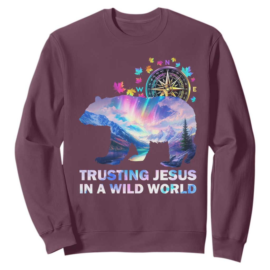VBS 2025 Adventure Bear Sweatshirt Trusting Jesus In A Wild World Northen Lights TS02 Maroon Print Your Wear