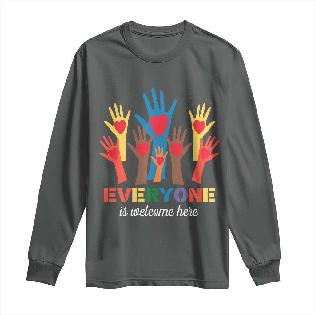 Everyone Is Welcome Here Long Sleeve Shirt Equality Rainbow Fist Hands TS02 Dark Heather Print Your Wear