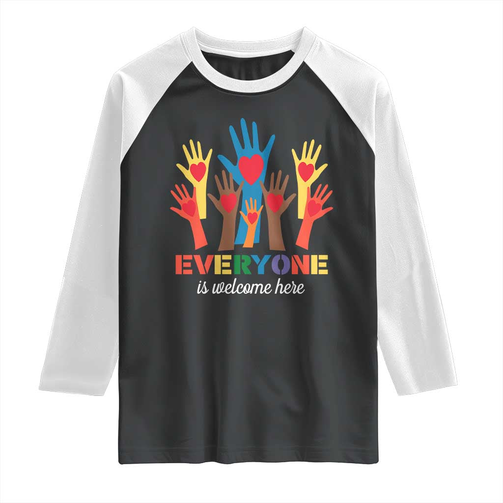 Everyone Is Welcome Here Raglan Shirt Equality Rainbow Fist Hands TS02 Black White Print Your Wear