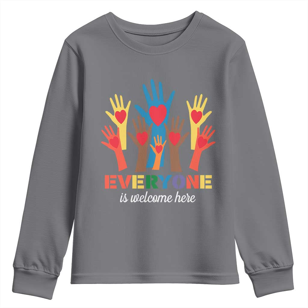 Everyone Is Welcome Here Youth Sweatshirt Equality Rainbow Fist Hands TS02 Charcoal Print Your Wear
