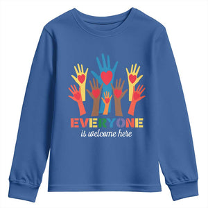 Everyone Is Welcome Here Youth Sweatshirt Equality Rainbow Fist Hands TS02 Royal Blue Print Your Wear