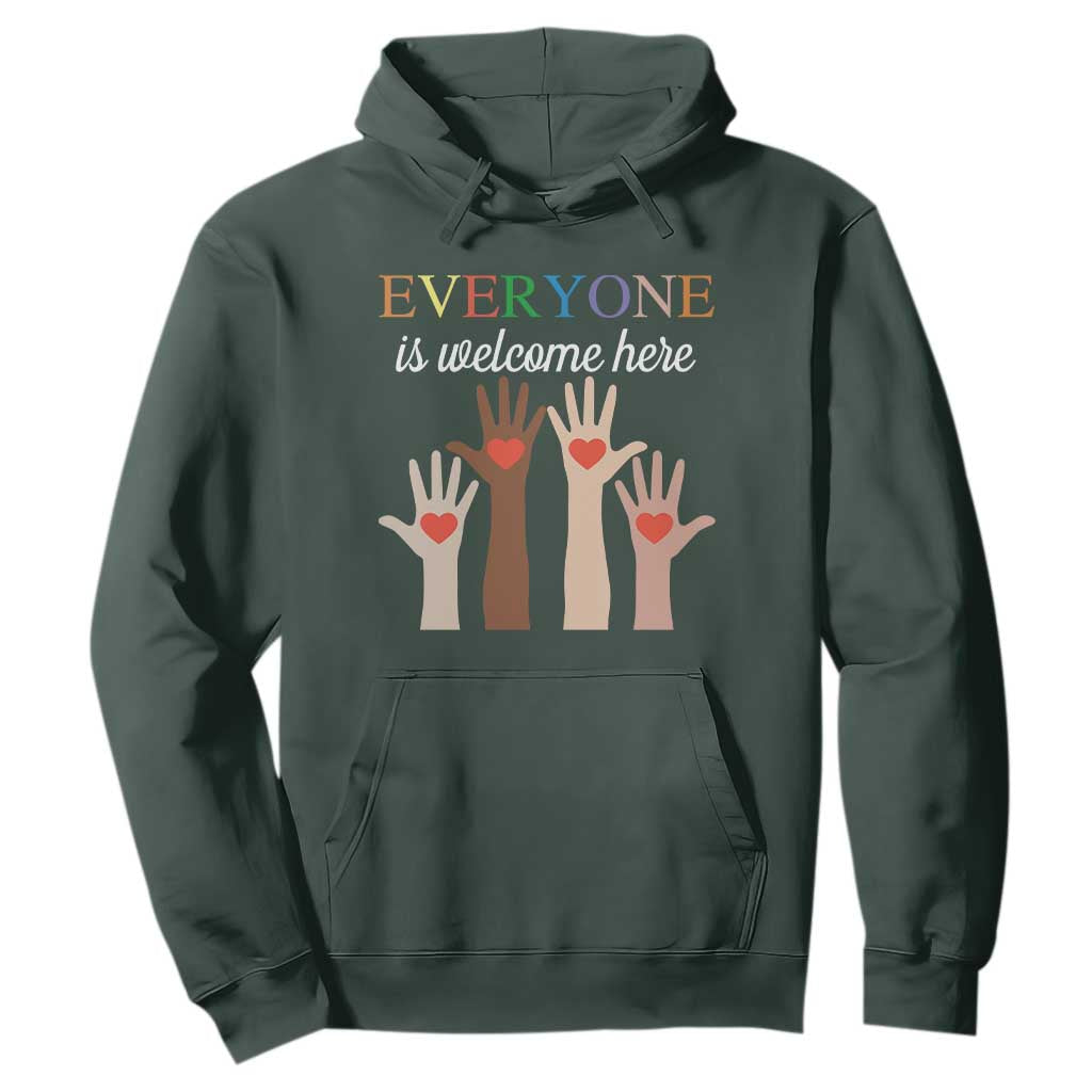 Everyone Is Welcome Here Hoodie Equality Fist Hands Hearts TS02 Dark Forest Green Print Your Wear
