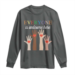 Everyone Is Welcome Here Long Sleeve Shirt Equality Fist Hands Hearts TS02 Dark Heather Print Your Wear