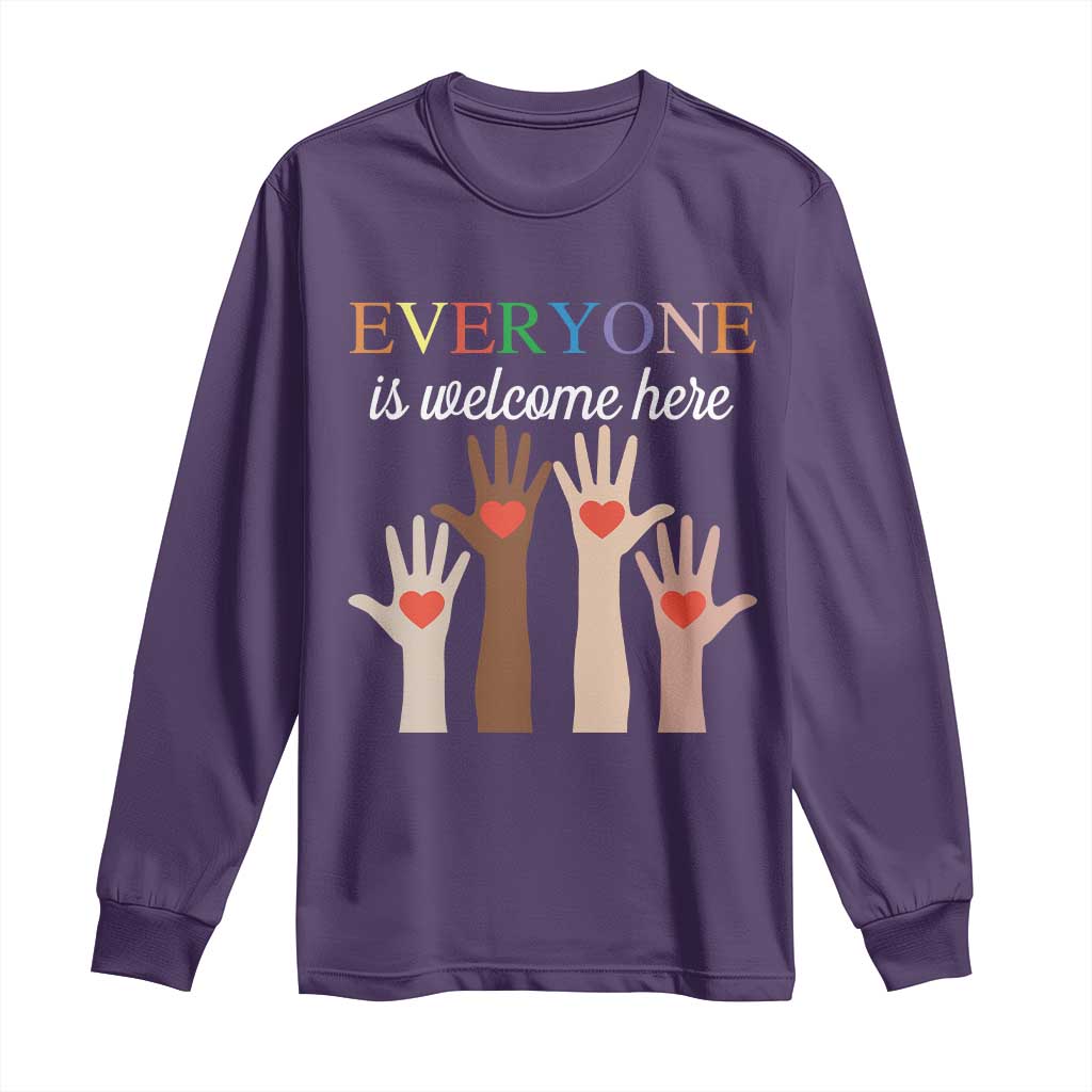 Everyone Is Welcome Here Long Sleeve Shirt Equality Fist Hands Hearts TS02 Purple Print Your Wear