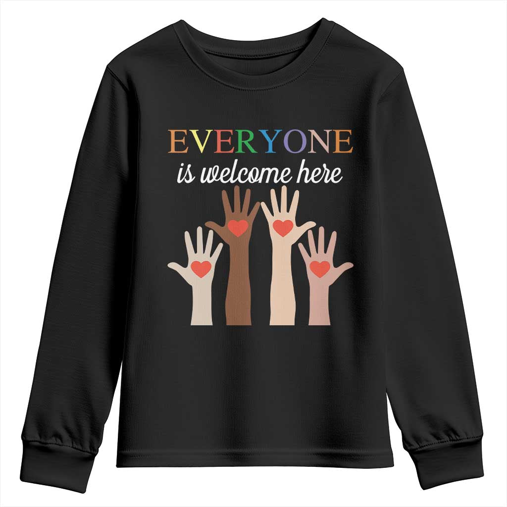 Everyone Is Welcome Here Youth Sweatshirt Equality Fist Hands Hearts TS02 Black Print Your Wear