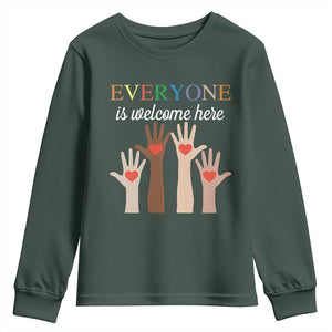 Everyone Is Welcome Here Youth Sweatshirt Equality Fist Hands Hearts TS02 Dark Forest Green Print Your Wear