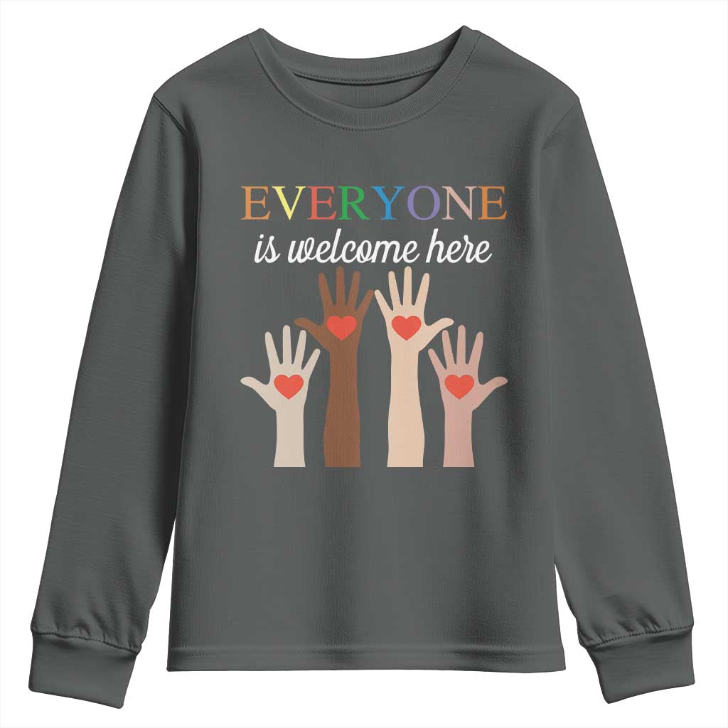 Everyone Is Welcome Here Youth Sweatshirt Equality Fist Hands Hearts TS02 Dark Heather Print Your Wear