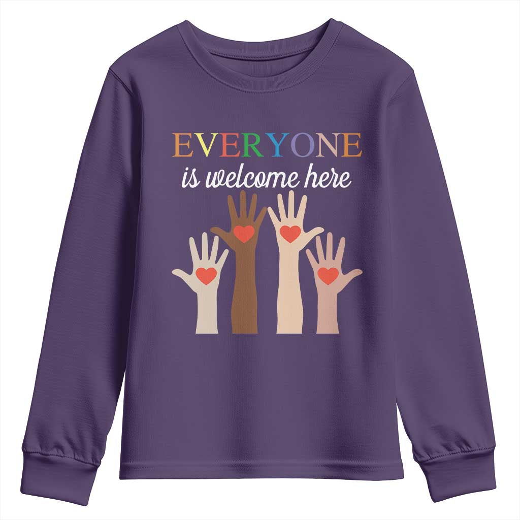 Everyone Is Welcome Here Youth Sweatshirt Equality Fist Hands Hearts TS02 Purple Print Your Wear