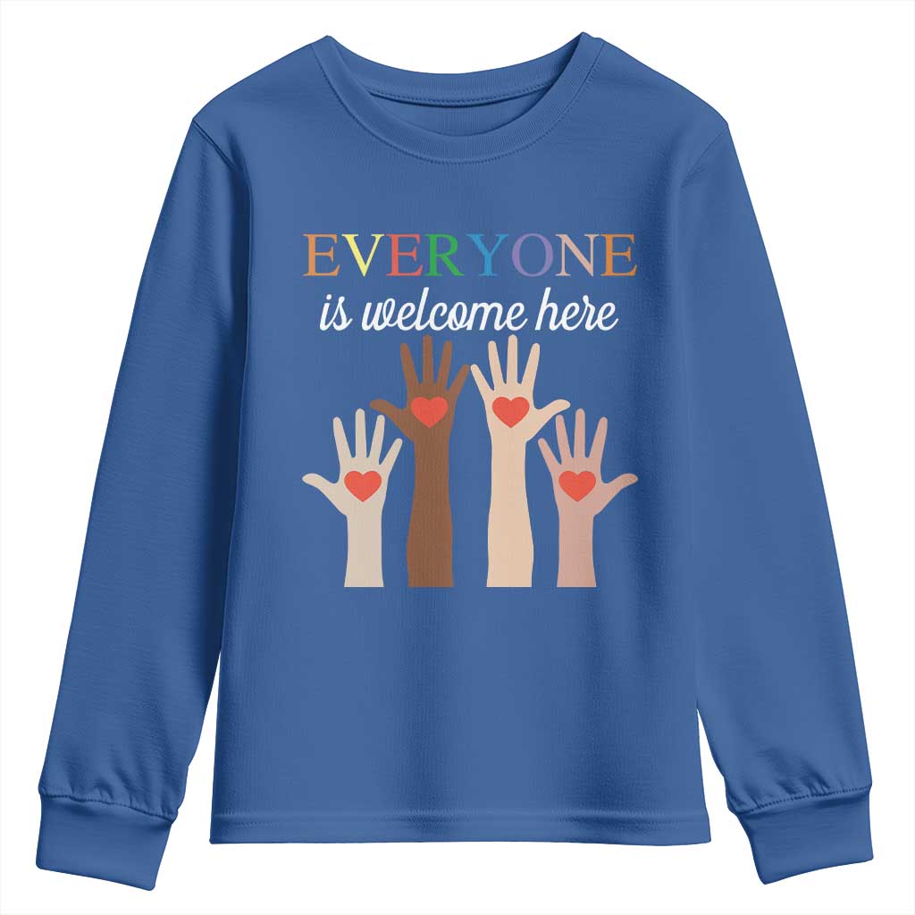 Everyone Is Welcome Here Youth Sweatshirt Equality Fist Hands Hearts TS02 Royal Blue Print Your Wear
