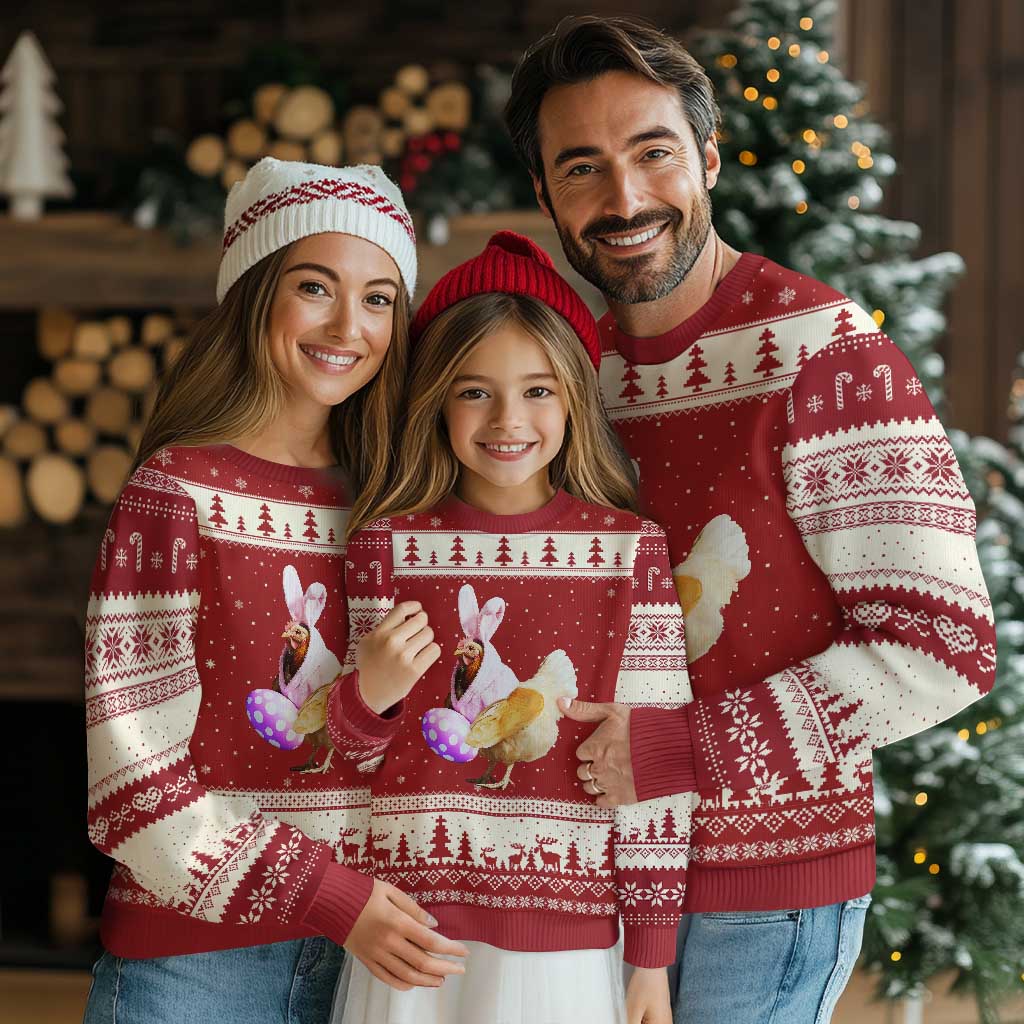 Funny Chicken Bunny Ugly Christmas Sweater Happy Easter Eggs Farm TS02 Red Beige Print Your Wear