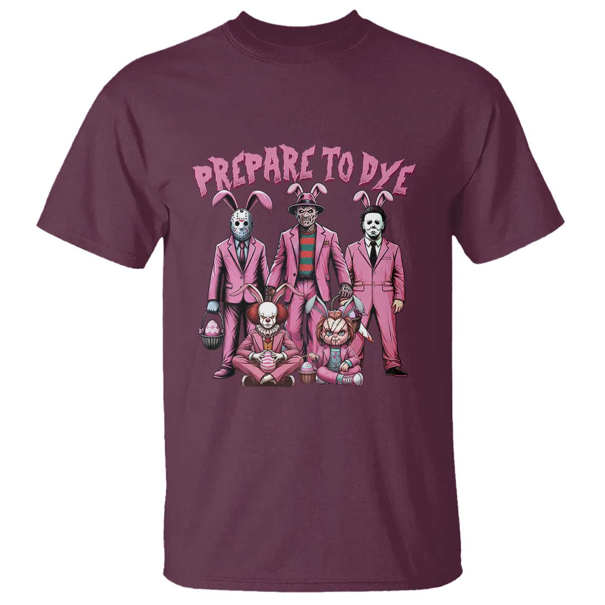 Prepare to Groovy Dye Funny Bunny Easter T Shirt Horror Dyeing Eggs TS02 Maroon Print Your Wear