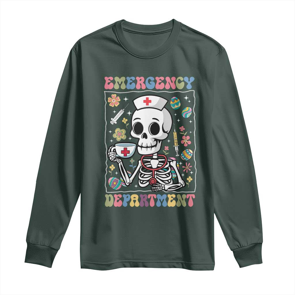 Emergency Department Skeleton Nurse Easter Long Sleeve Shirt ER Nursing Room TS02 Dark Forest Green Print Your Wear