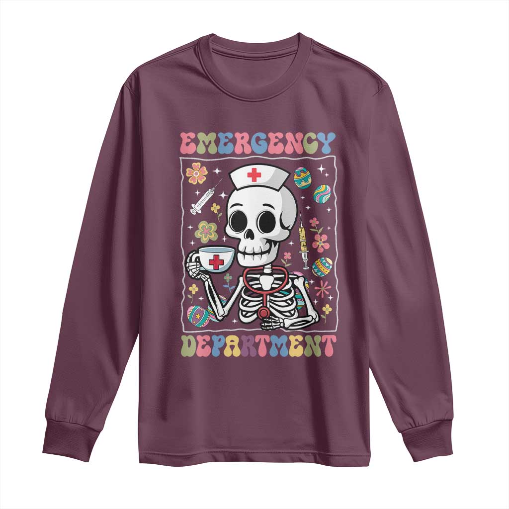 Emergency Department Skeleton Nurse Easter Long Sleeve Shirt ER Nursing Room TS02 Maroon Print Your Wear