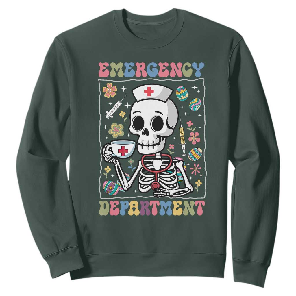 Emergency Department Skeleton Nurse Easter Sweatshirt ER Nursing Room TS02 Dark Forest Green Print Your Wear
