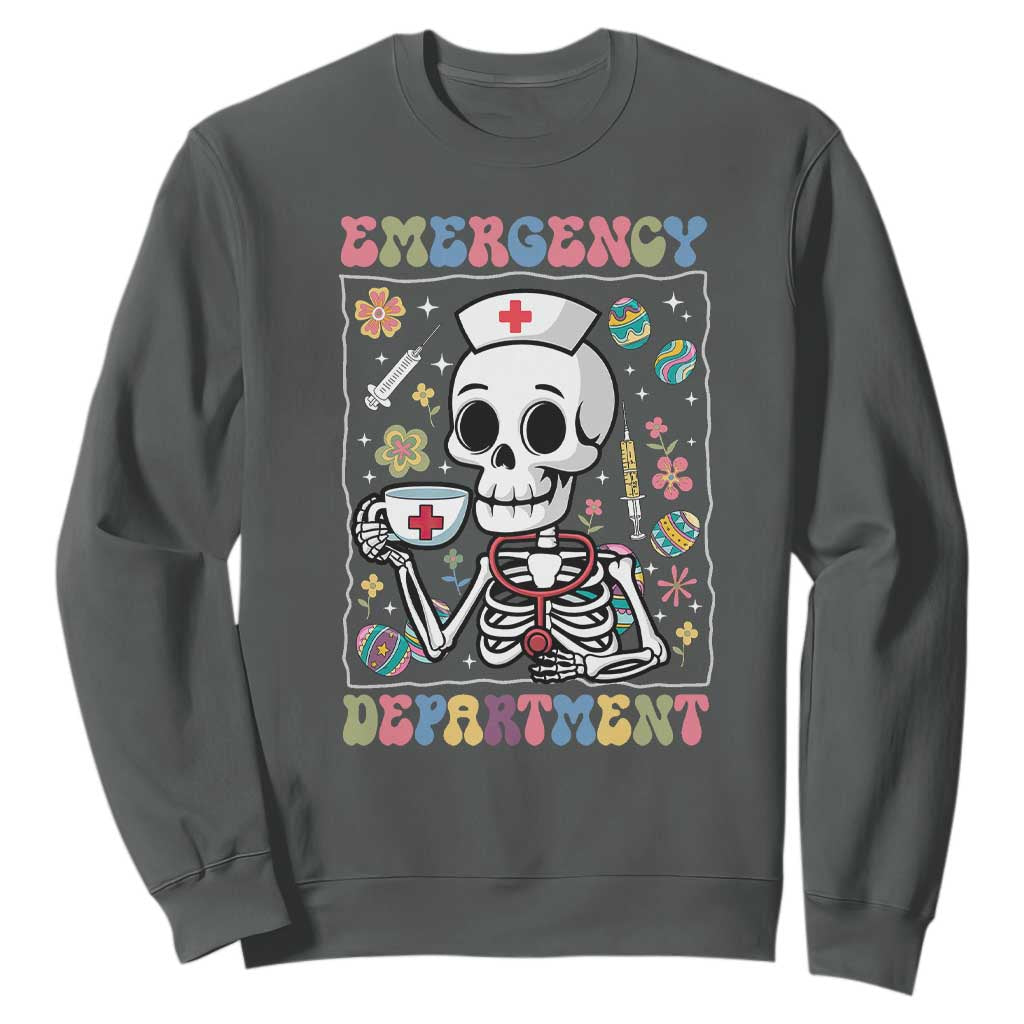 Emergency Department Skeleton Nurse Easter Sweatshirt ER Nursing Room TS02 Dark Heather Print Your Wear