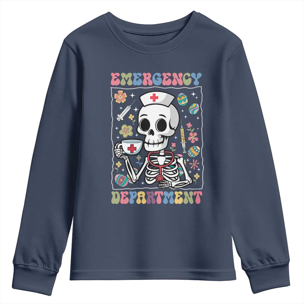 Emergency Department Skeleton Nurse Easter Youth Sweatshirt ER Nursing Room TS02 Navy Print Your Wear
